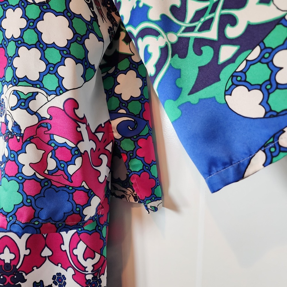 Natori Satin Pajama Set L Blue Pink Morrocan Tile Kimono Top Lounge Pants Resort - Picture 8 of 16